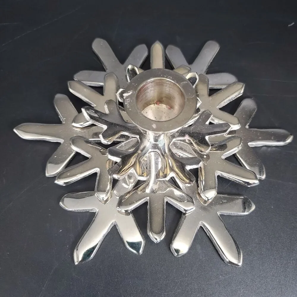 Crate & Barrel Silver Snowflake Taper Candle Holder Shiny Metal Decor